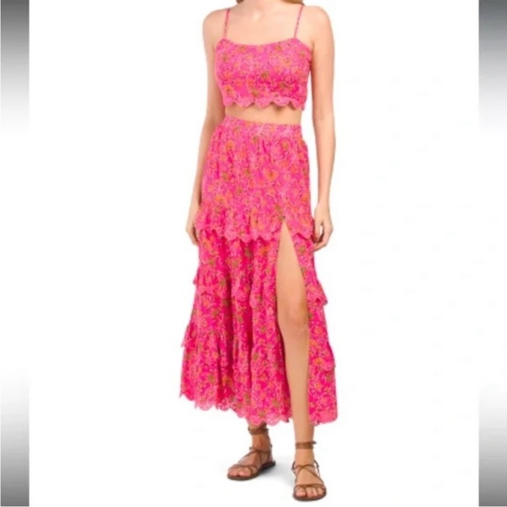 Caroline Constas pink floral embroidered tiered ruffle set L